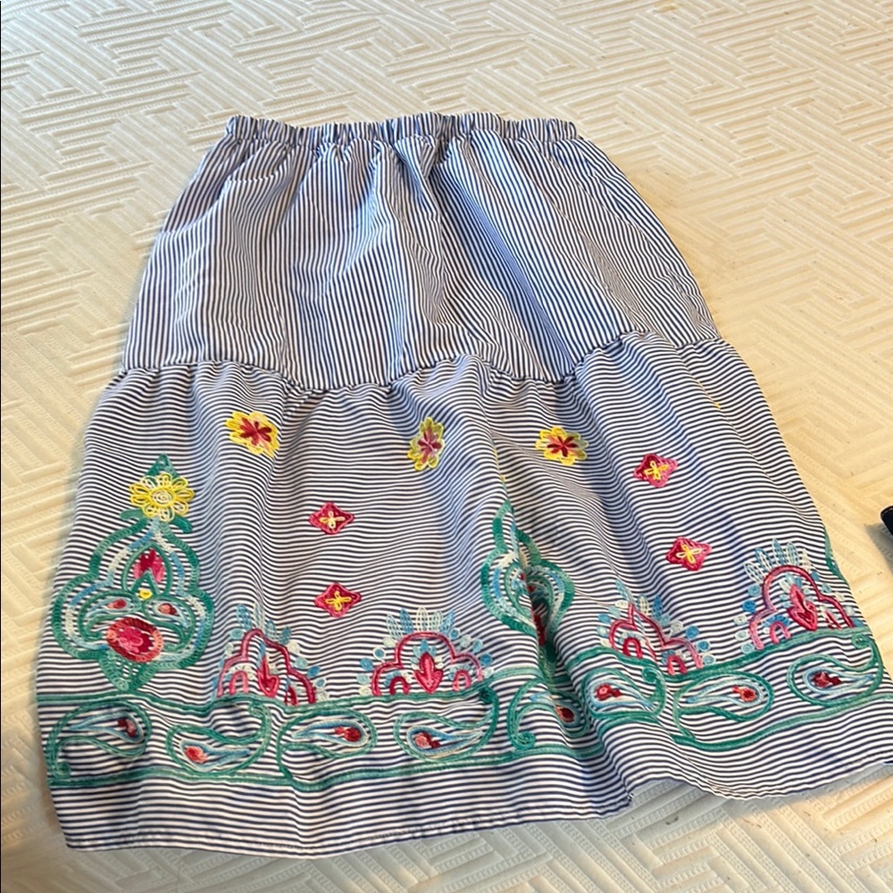 Embellished Blue and White Tiered Midi Skirt